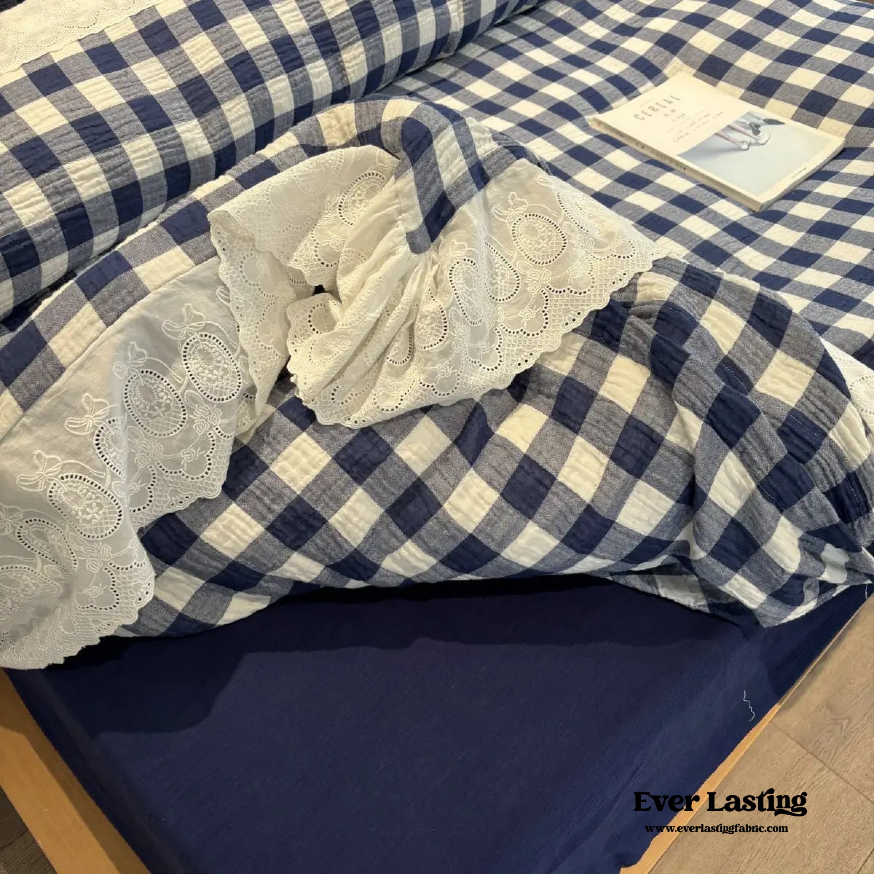 White Blue Gingham Lace Ruffle Bedding Set