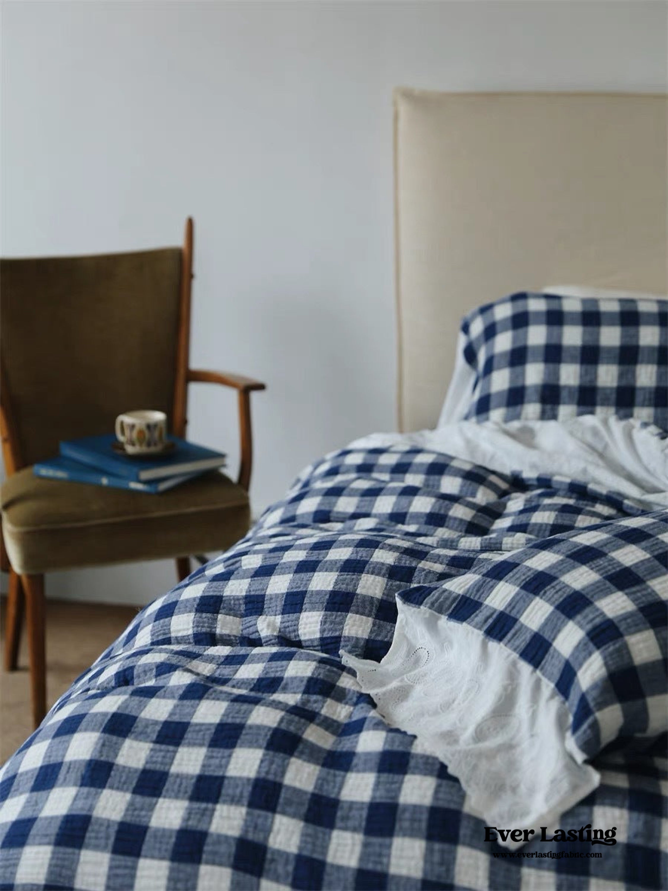 White Blue Gingham Lace Ruffle Bedding Set