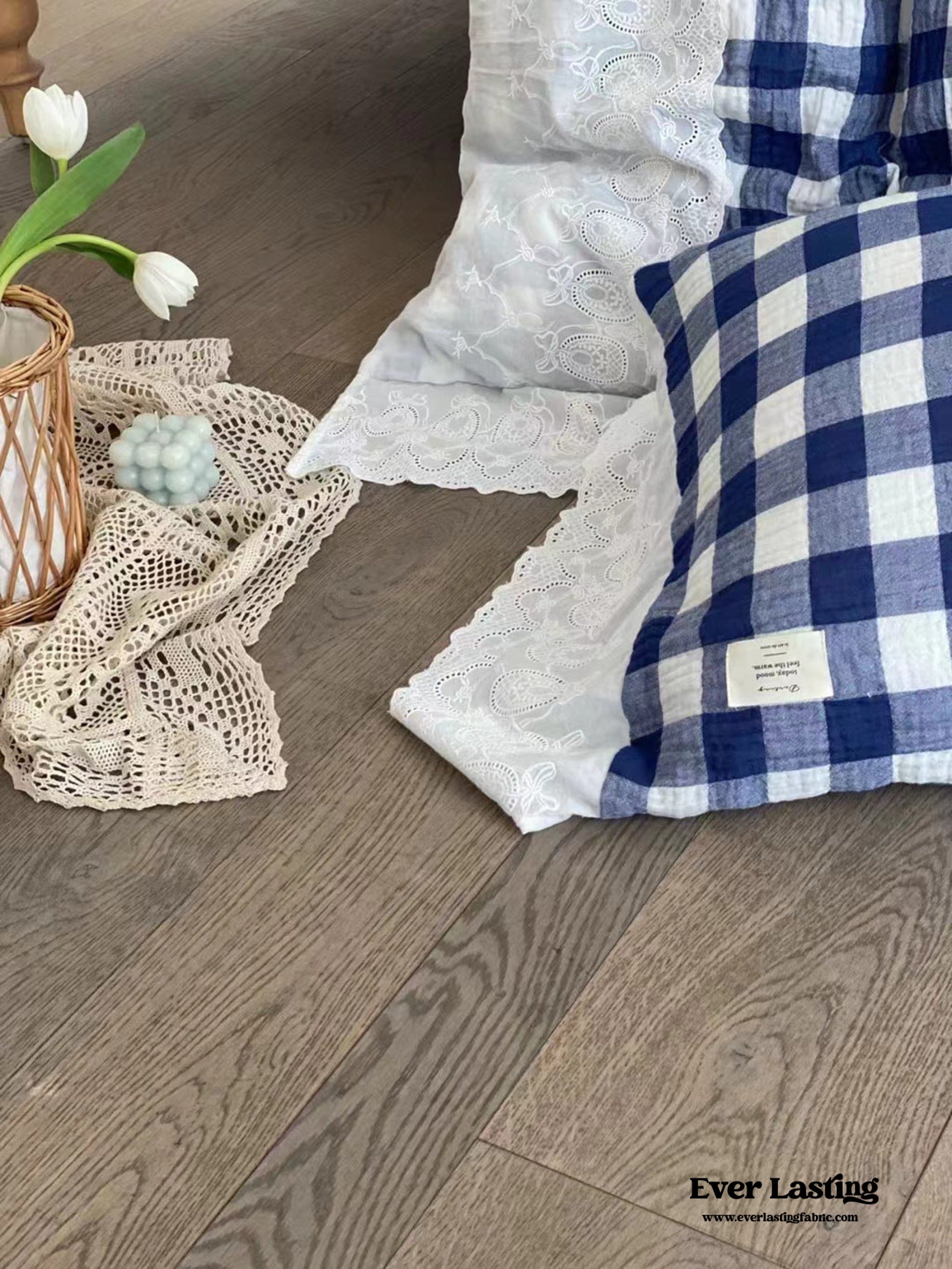 White Blue Gingham Lace Ruffle Bedding Set