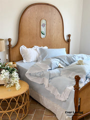 White Ruffle Lace Bedding Set - Blue