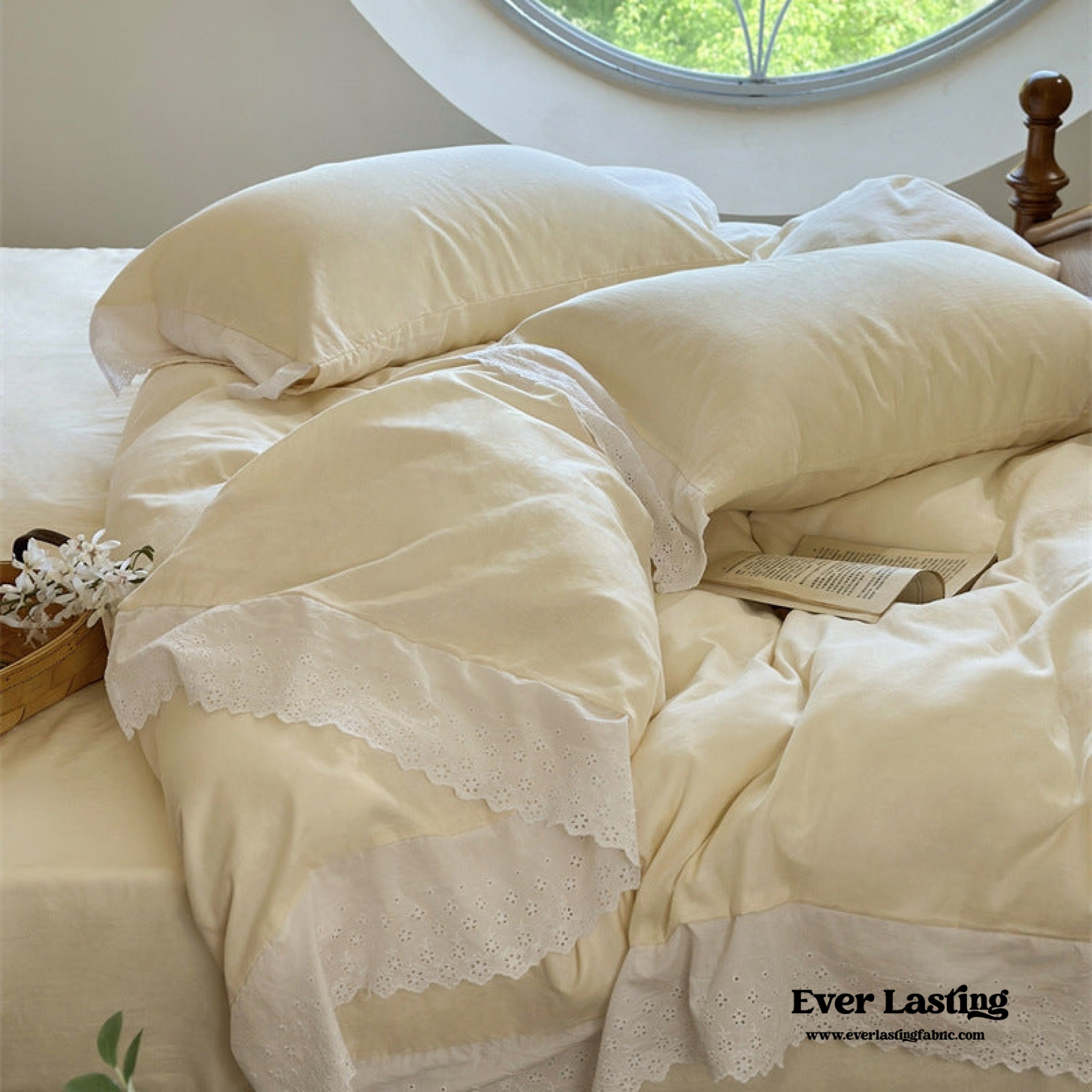 White Ruffle Lace Bedding Set - Pink
