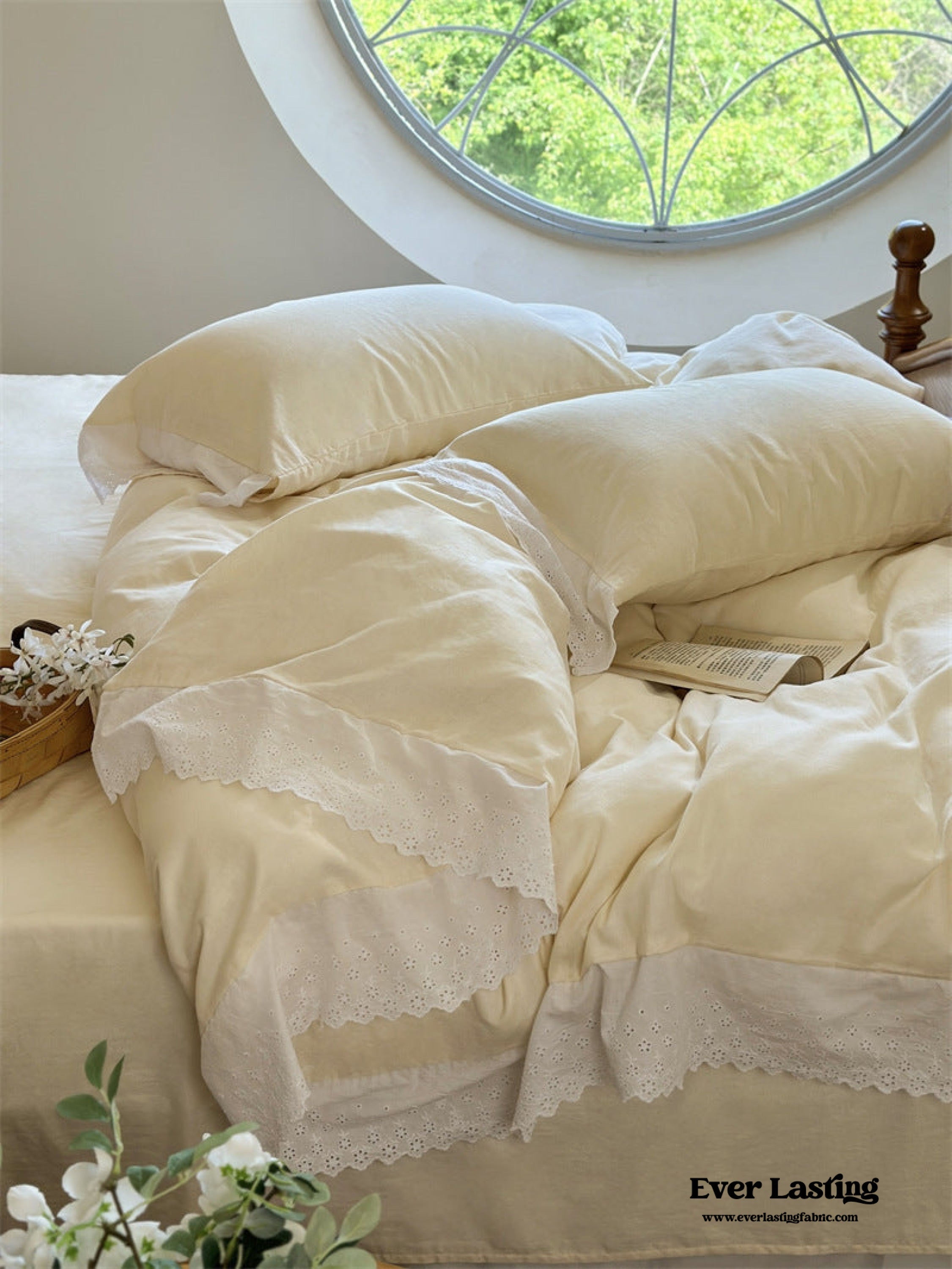 White Ruffle Lace Bedding Set - Pink