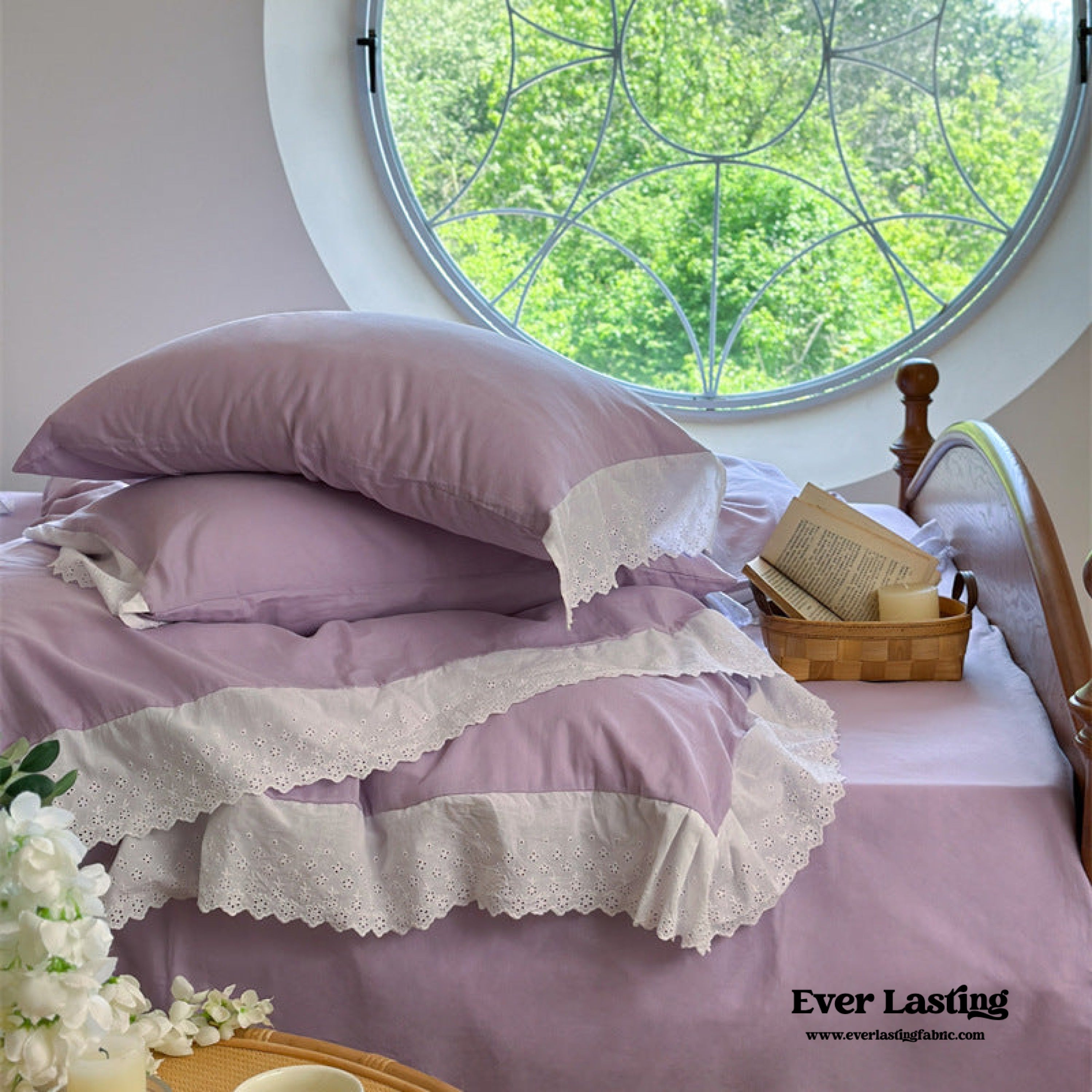 White Ruffle Lace Bedding Set - Pink