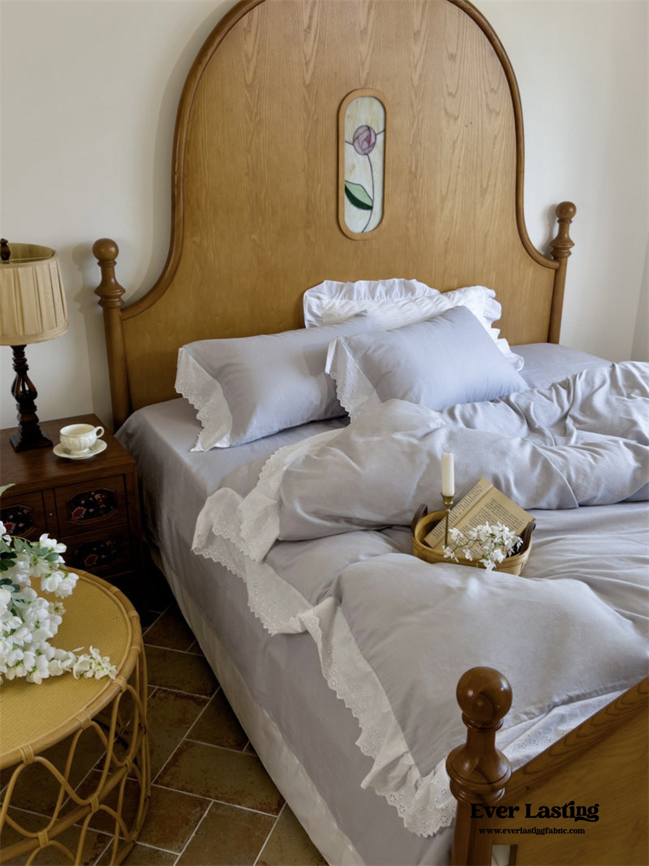 White Ruffle Lace Bedding Set - Pink