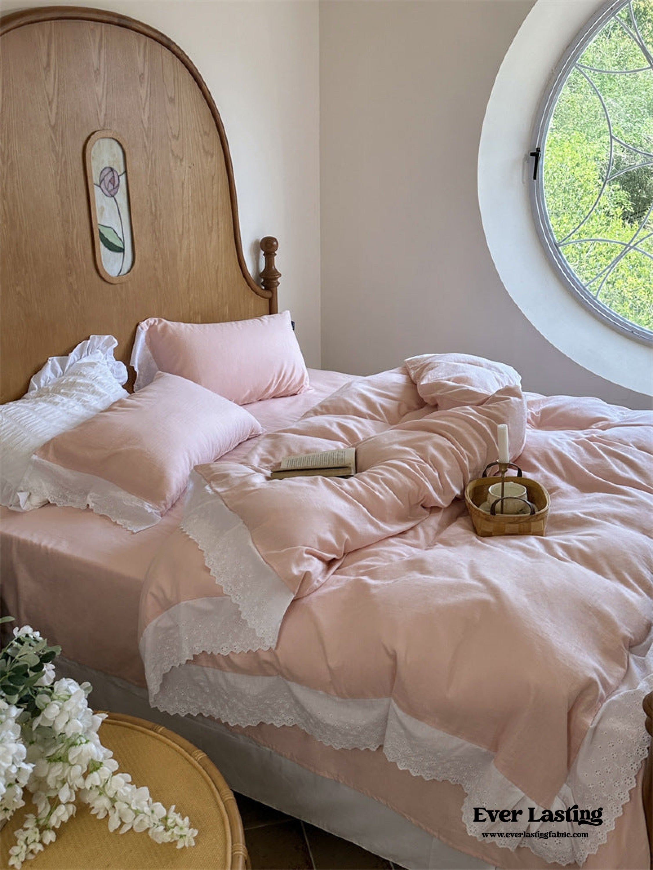 White Ruffle Lace Bedding Set - Pink
