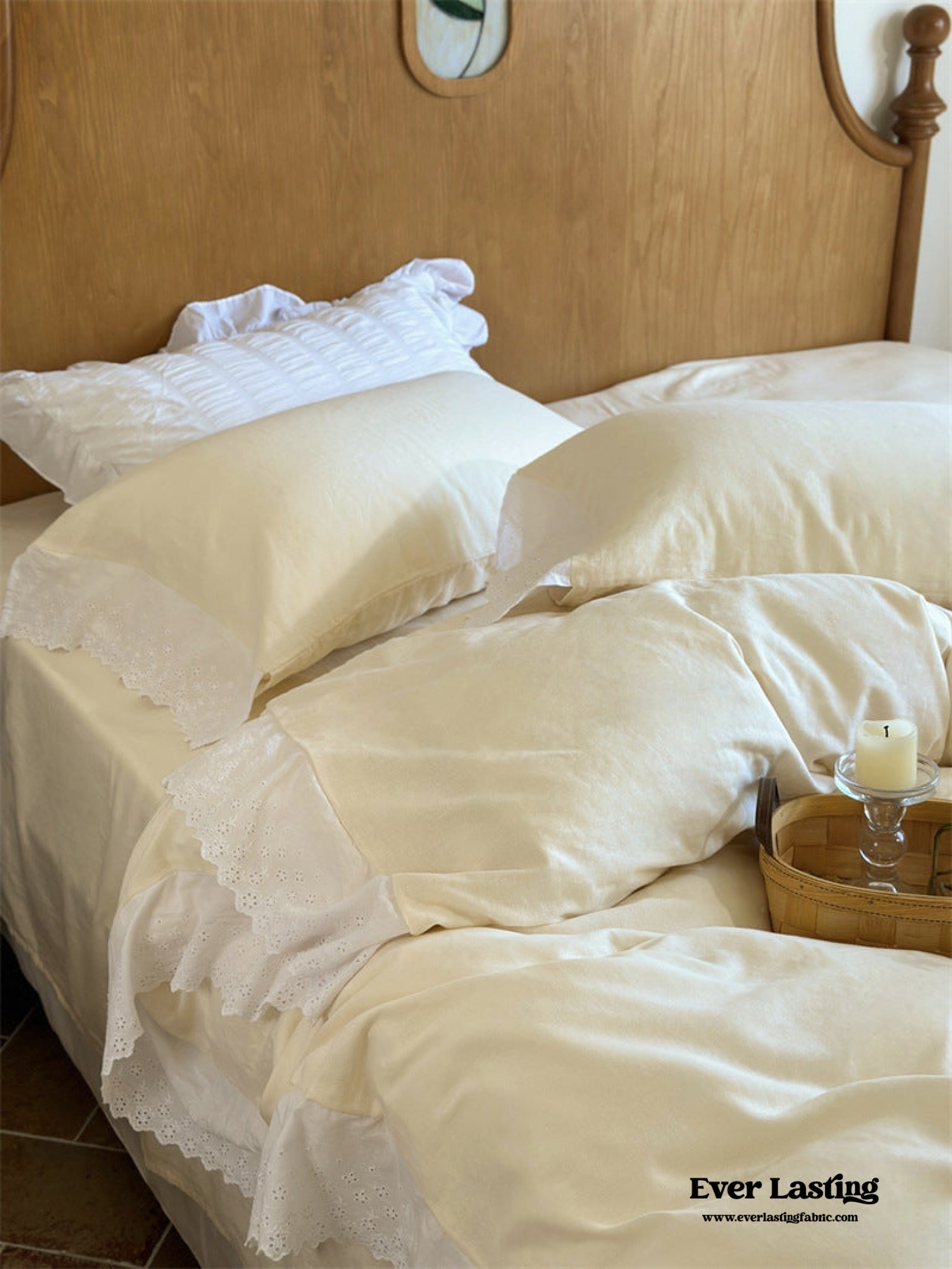 White Ruffle Lace Bedding Set - Pink