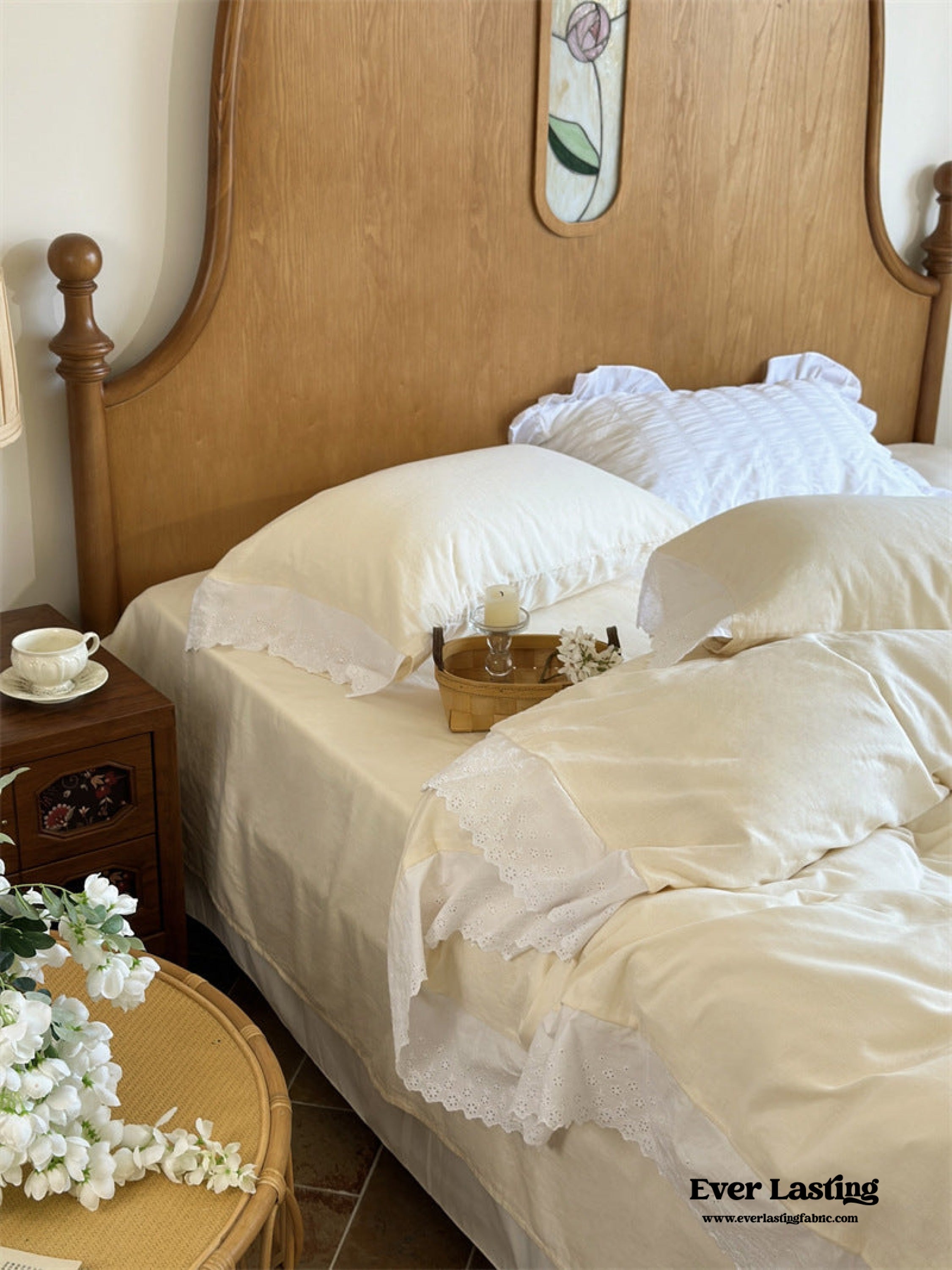 White Ruffle Lace Bedding Set - Pink