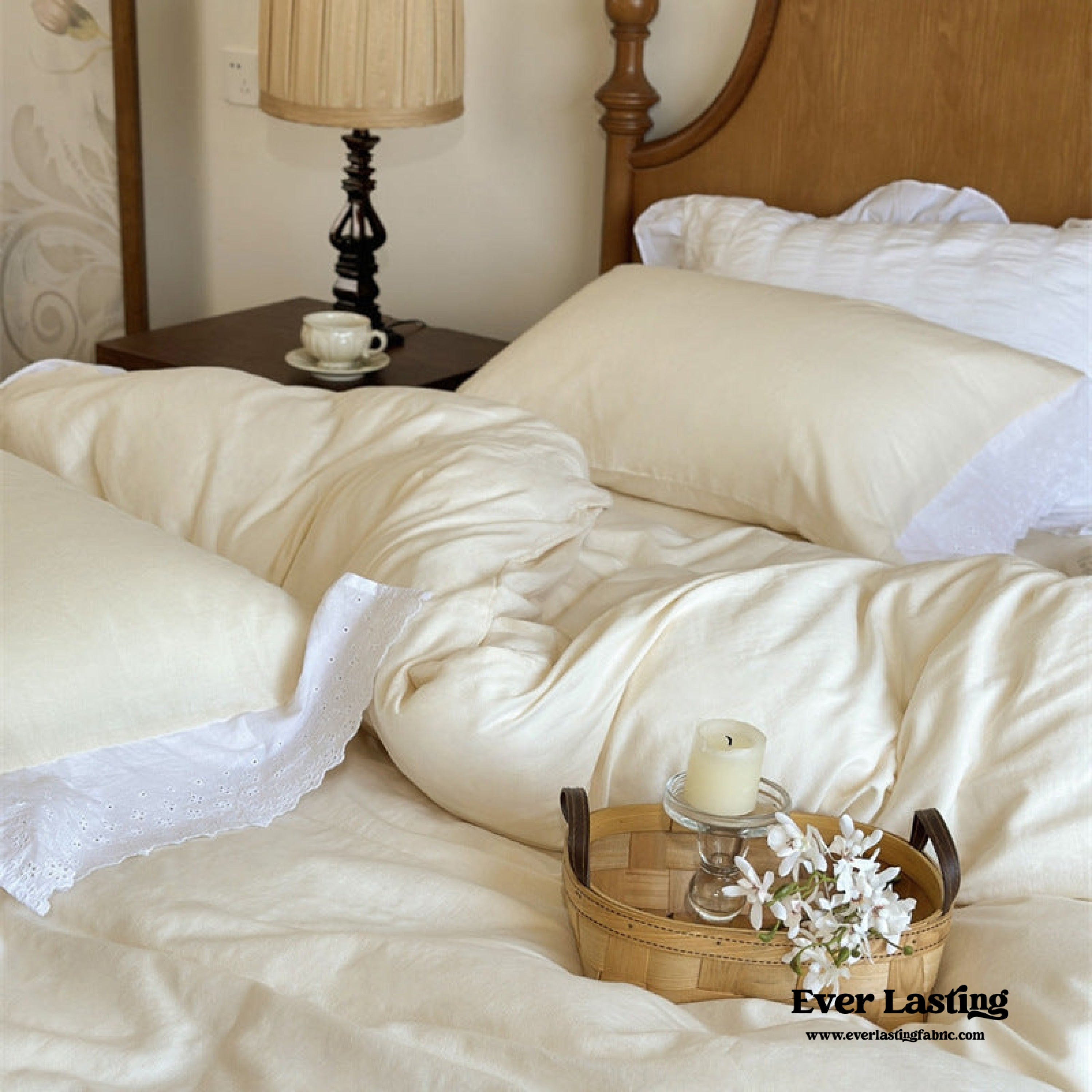 White Ruffle Lace Bedding Set - Pink