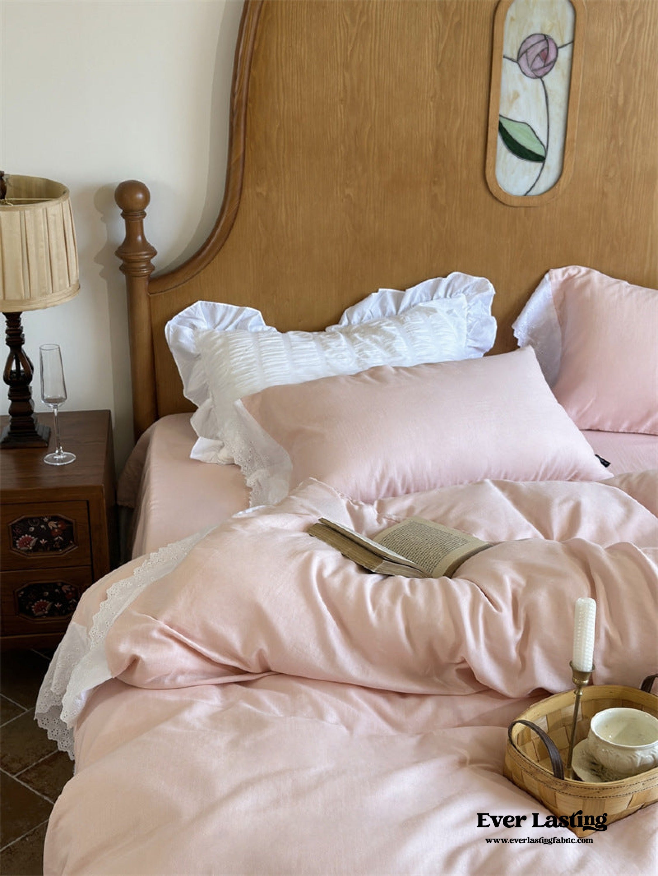 White Ruffle Lace Bedding Set - Pink