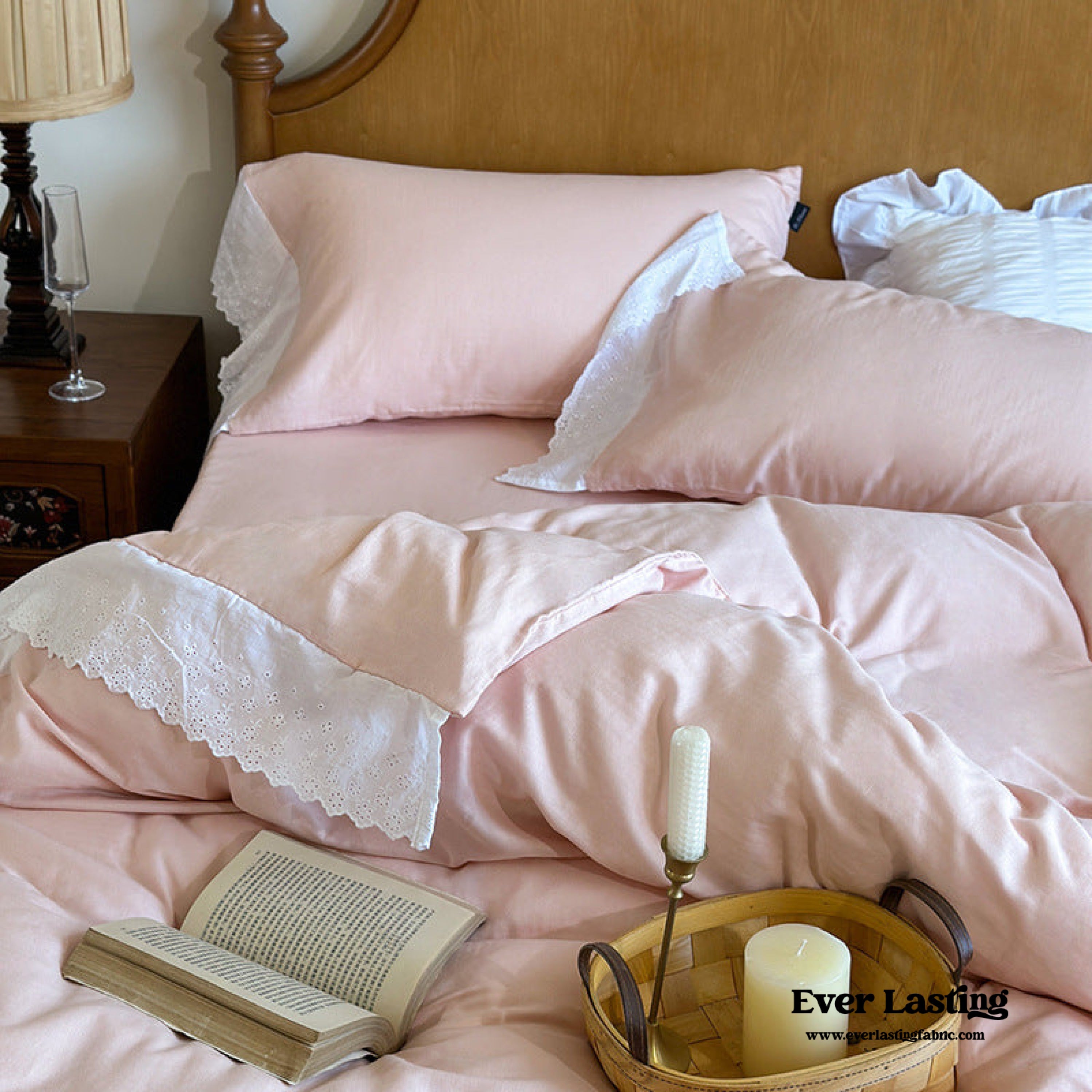 White Ruffle Lace Bedding Set - Pink