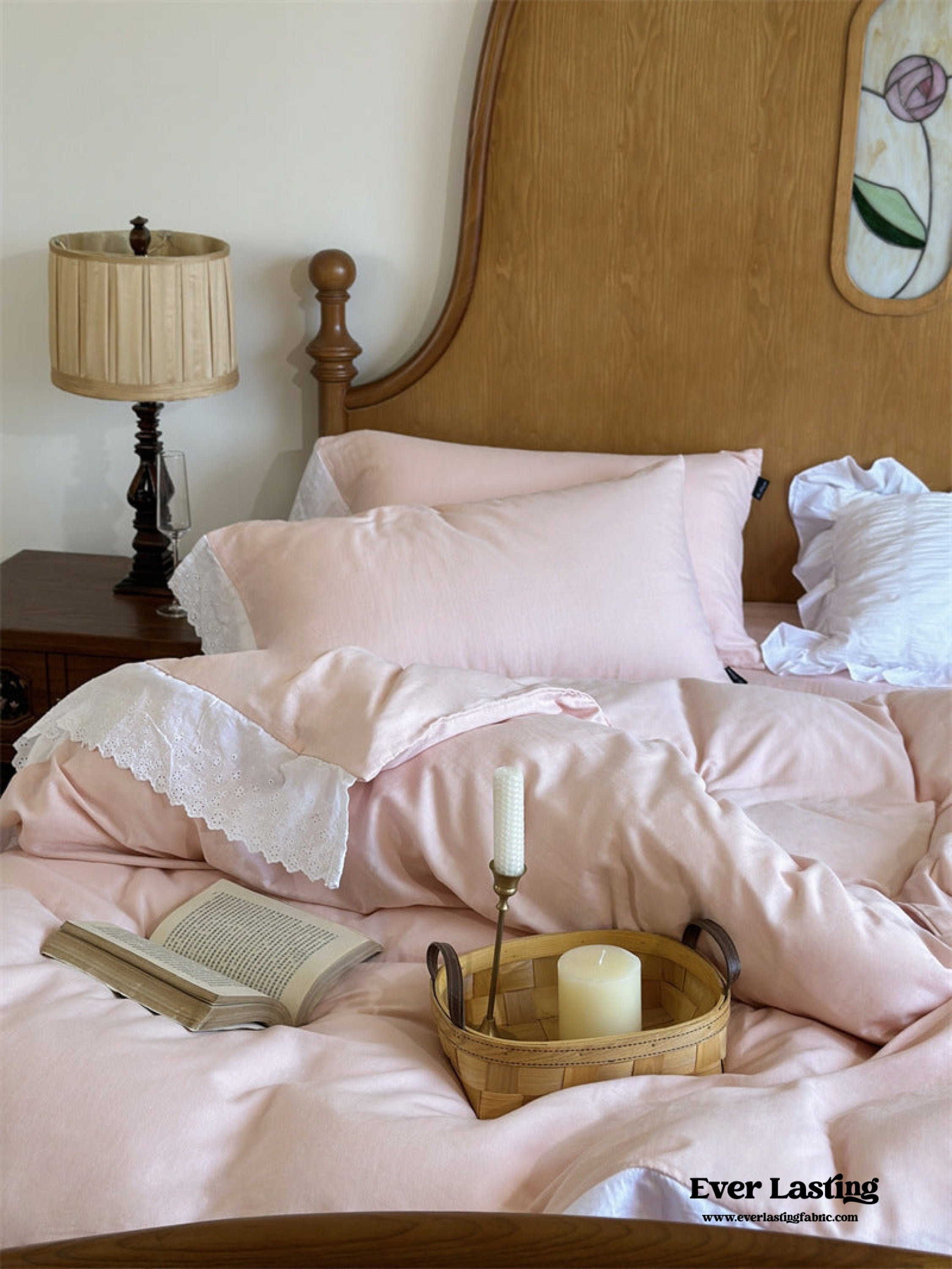White Ruffle Lace Bedding Set - Pink