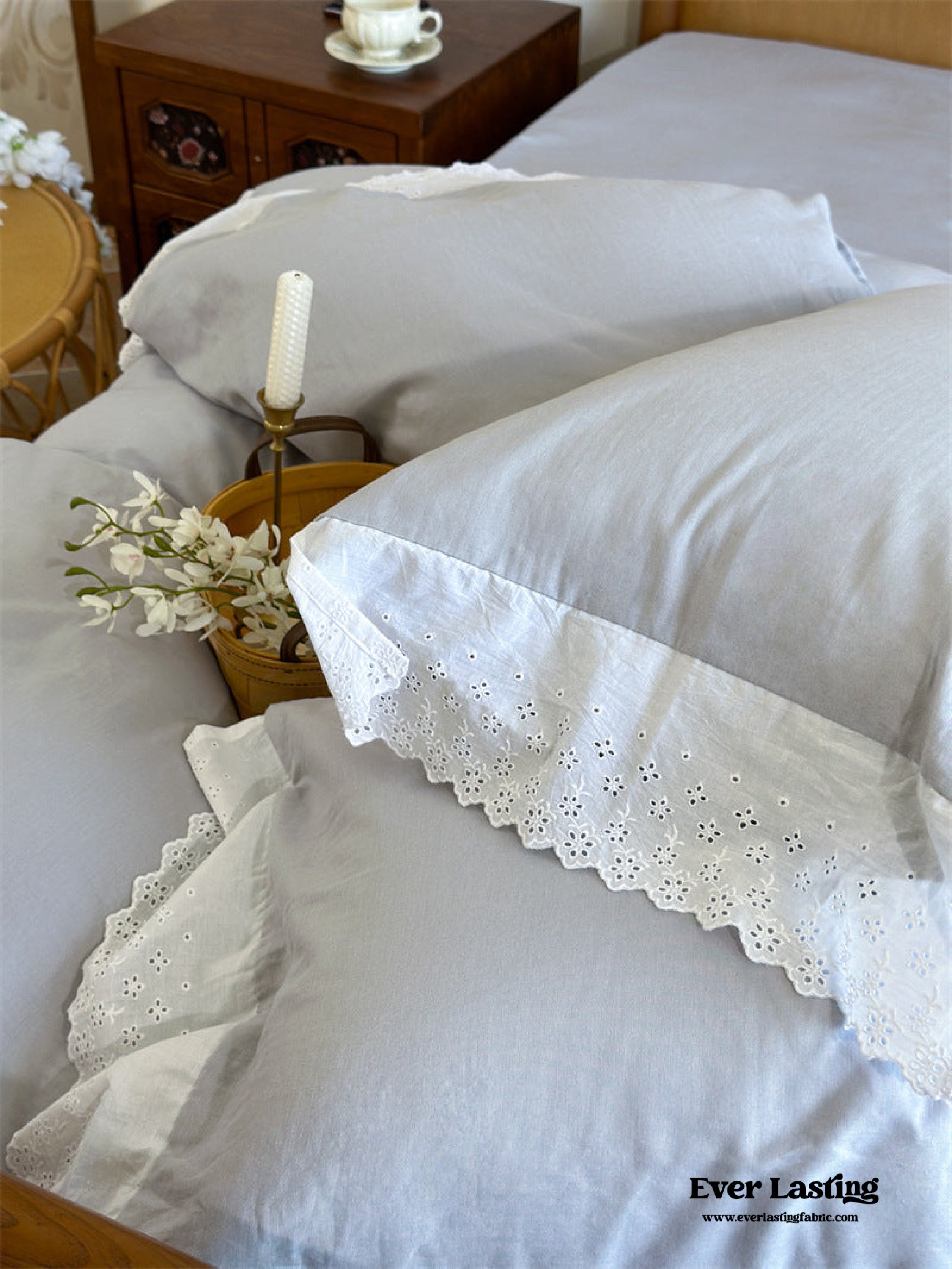 White Ruffle Lace Bedding Set - Pink