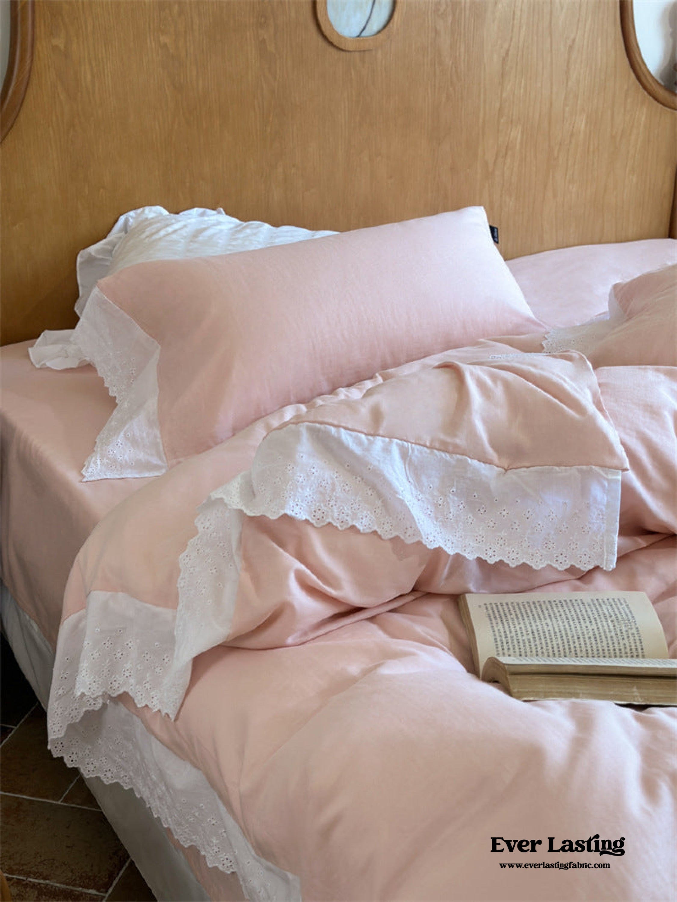 White Ruffle Lace Bedding Set - Pink