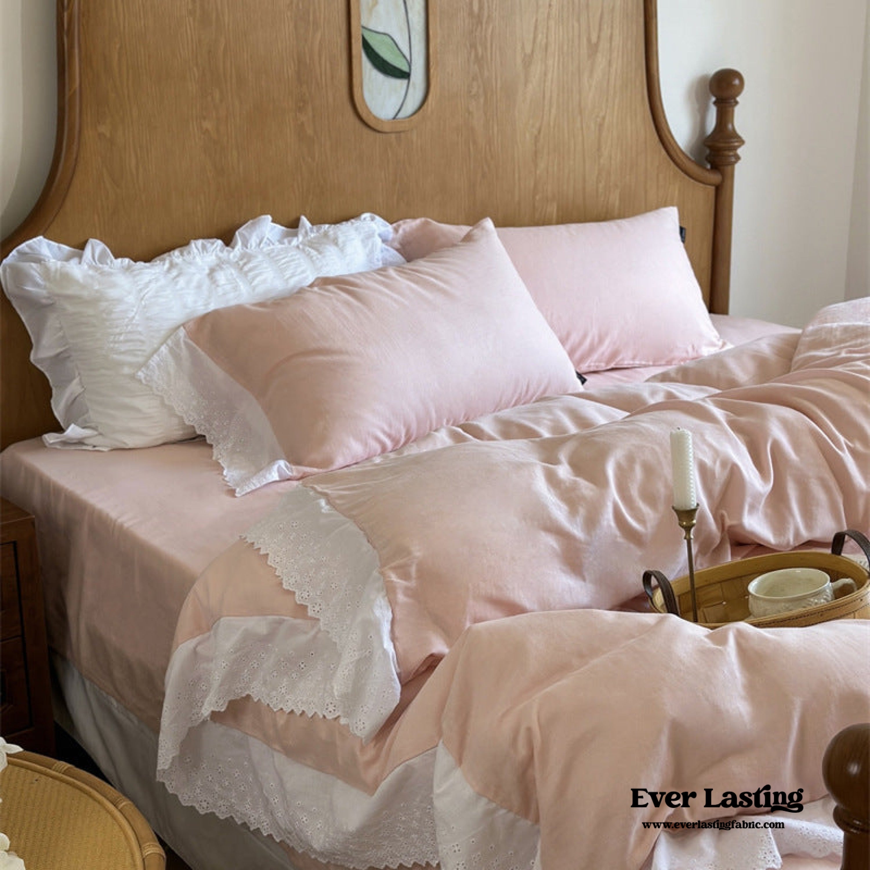 White Ruffle Lace Bedding Set - Pink