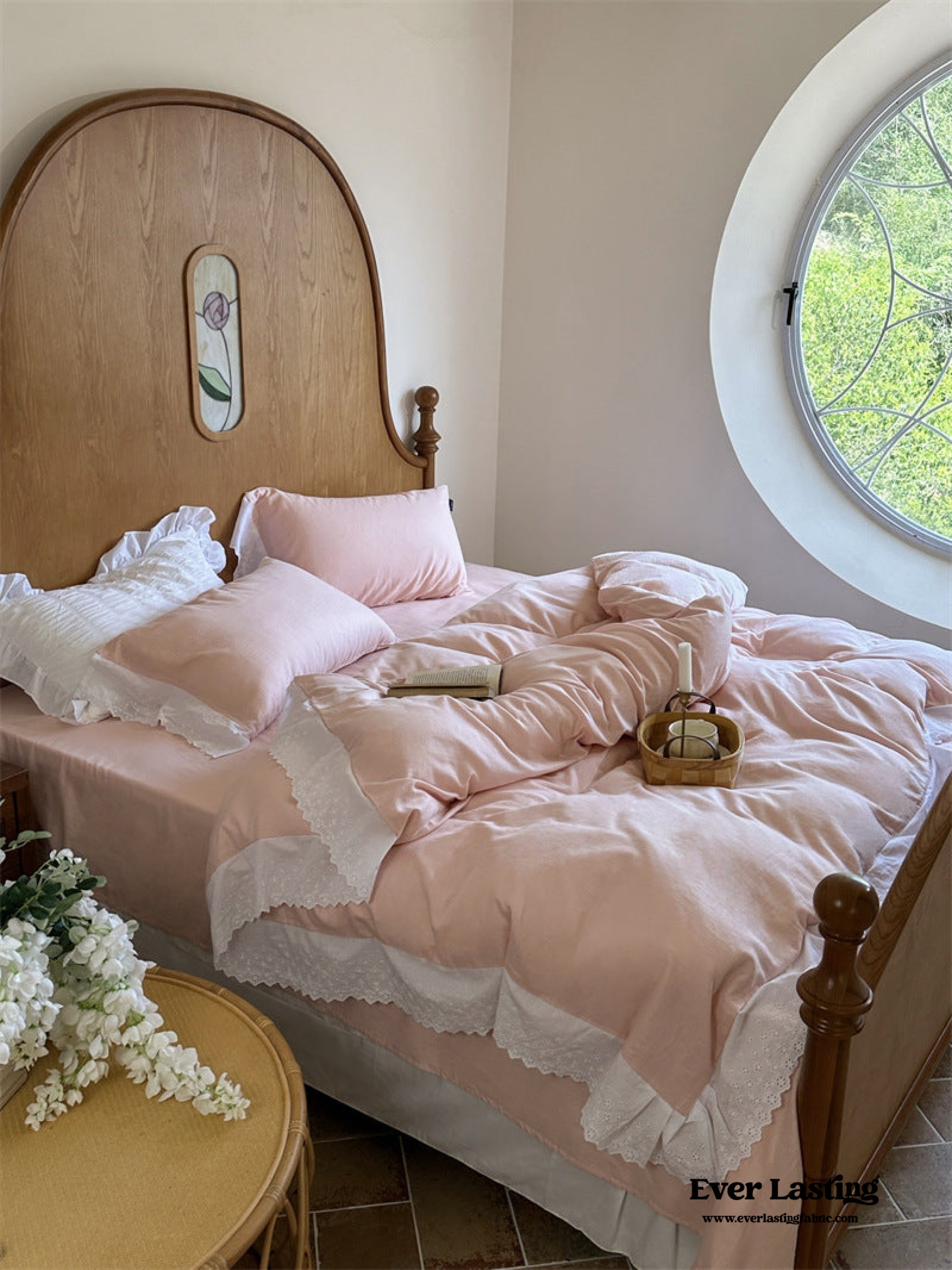 White Ruffle Lace Bedding Set - Pink