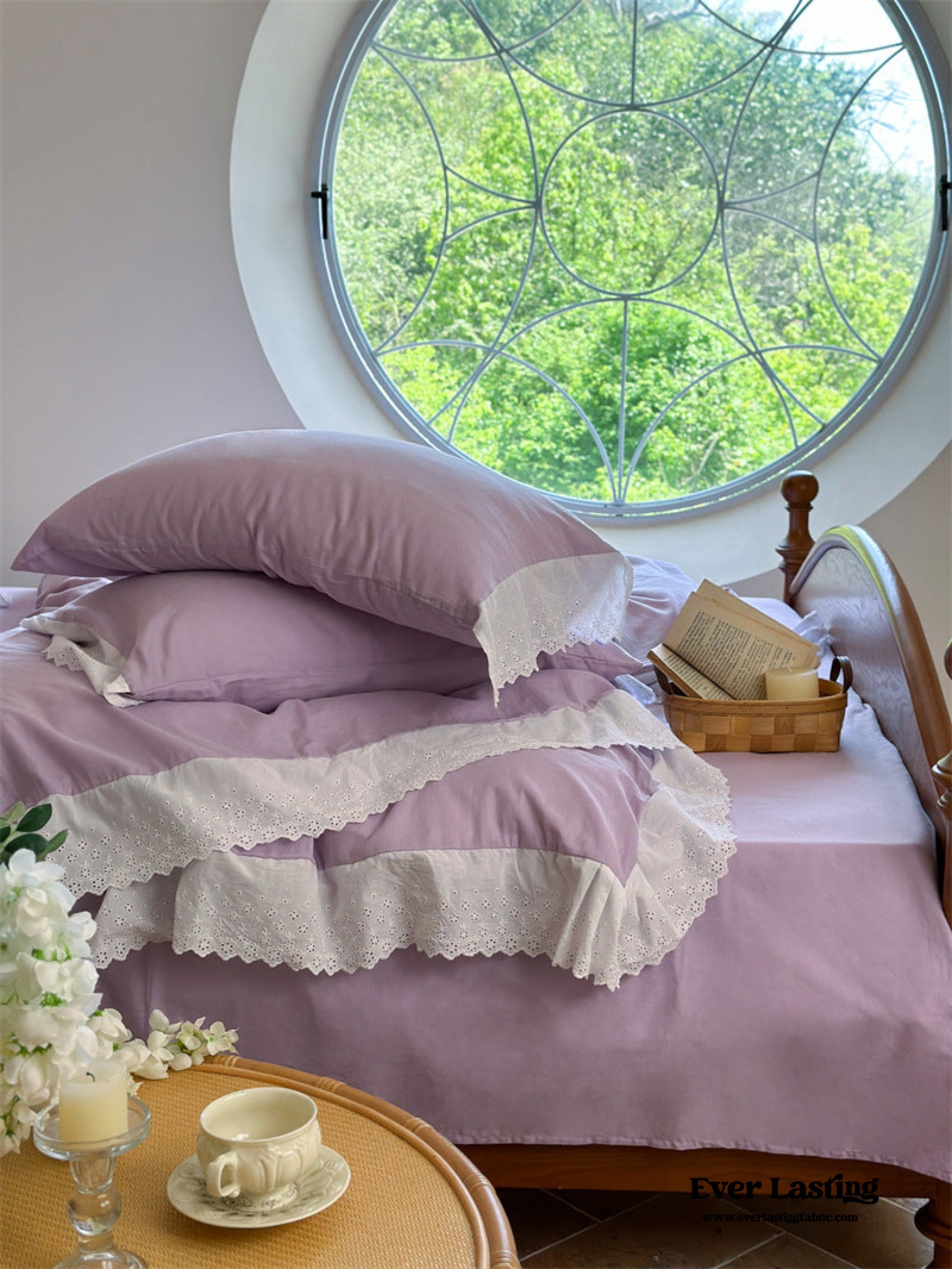 White Ruffle Lace Bedding Set - Pink