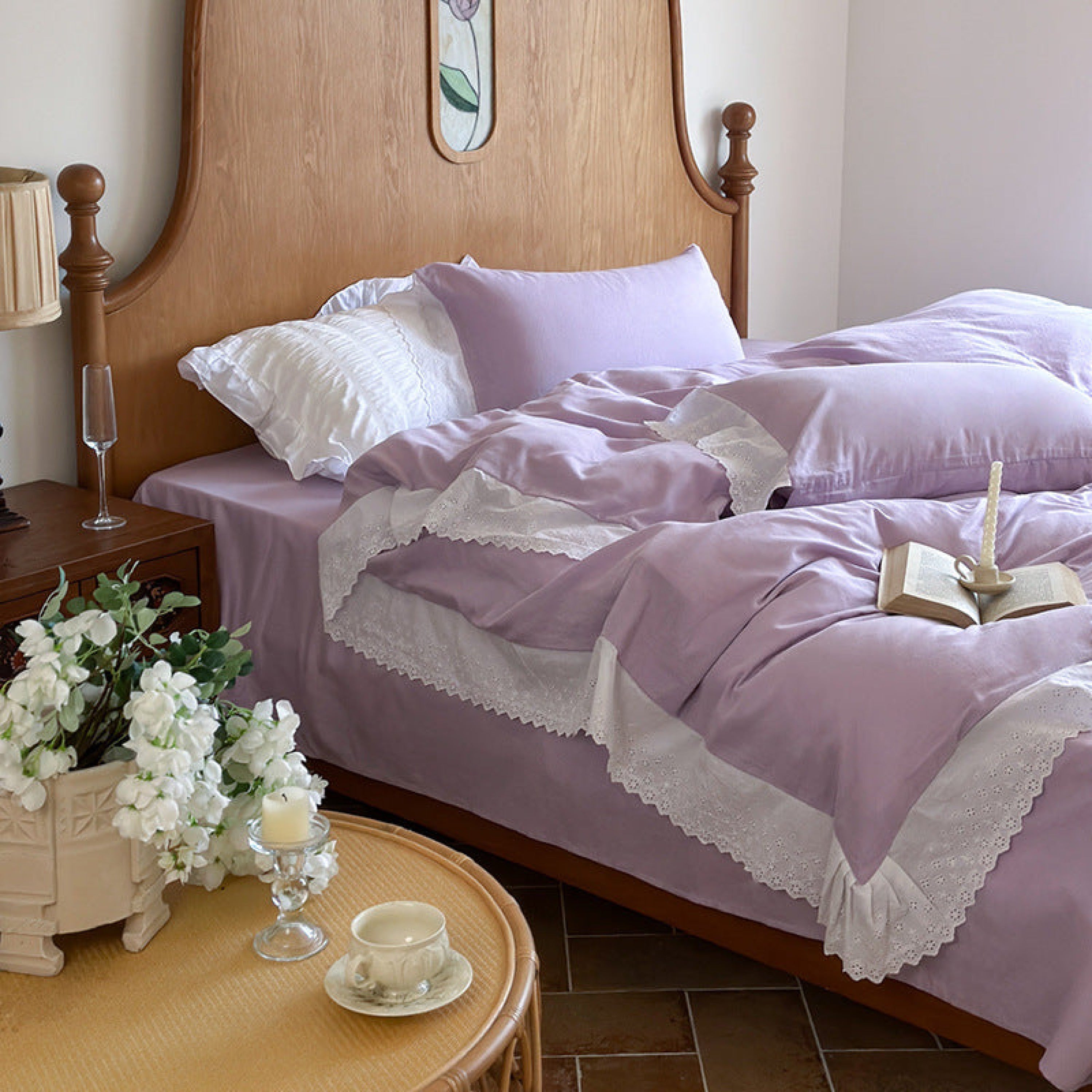 White Ruffle Lace Bedding Set - Pink