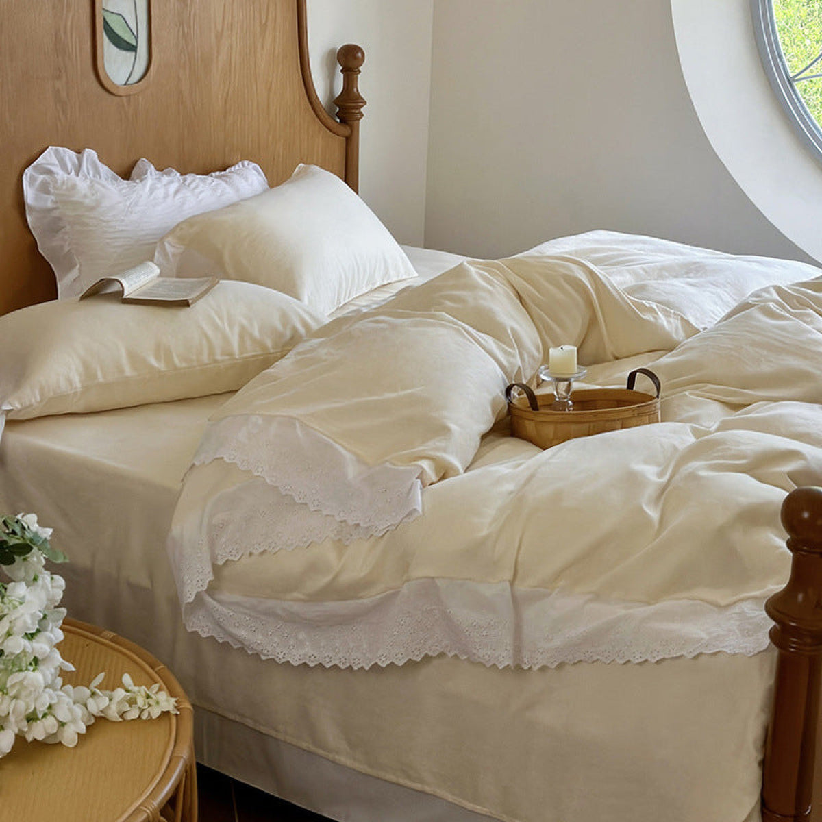 White Ruffle Lace Bedding Set - Yellow