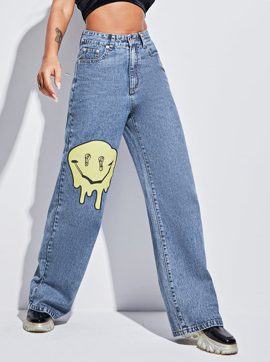 Smiley Face All-match Loose Denim Trousers