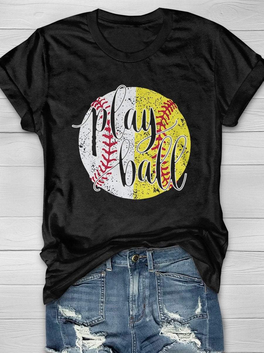 Play Ball Baseball Softball Print Kurzarm-T-Shirt