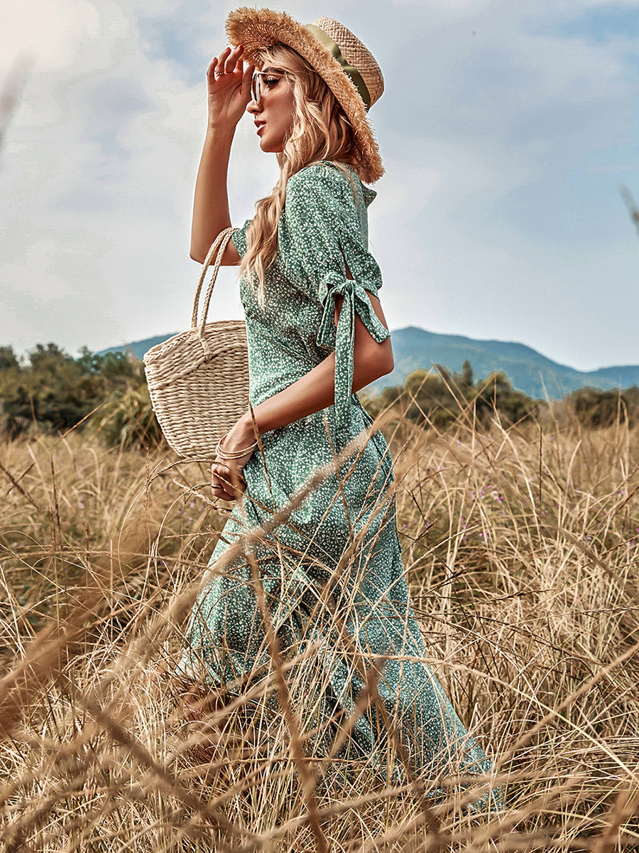 High Waist Green Print Dress