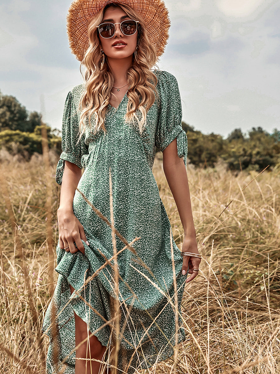 High Waist Green Print Dress