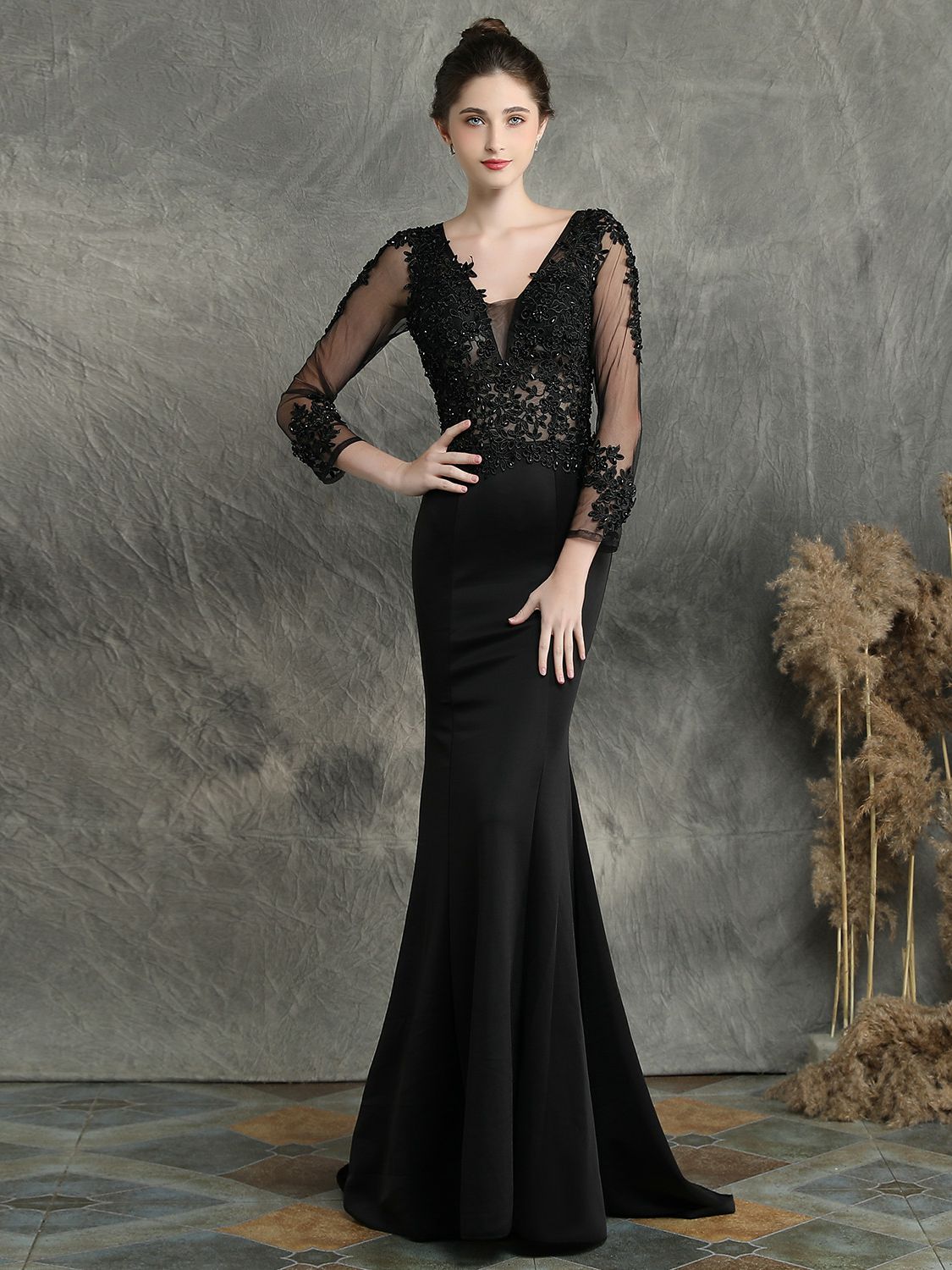 Handmade applique studded long sleeved evening dress