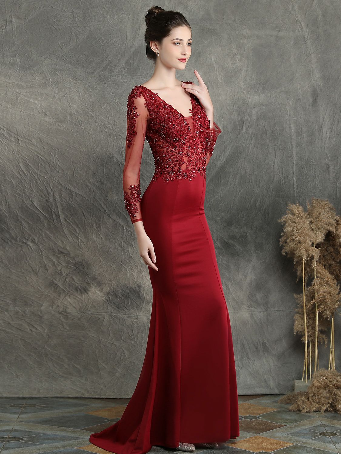 Handmade applique studded long sleeved evening dress