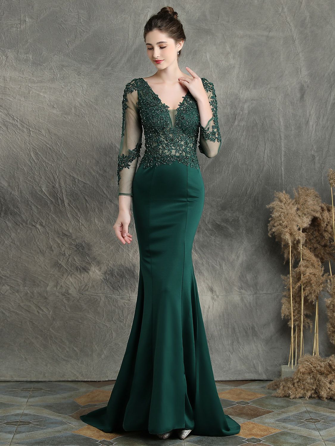 Handmade applique studded long sleeved evening dress