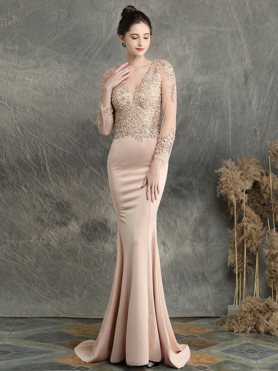 Handmade applique studded long sleeved evening dress