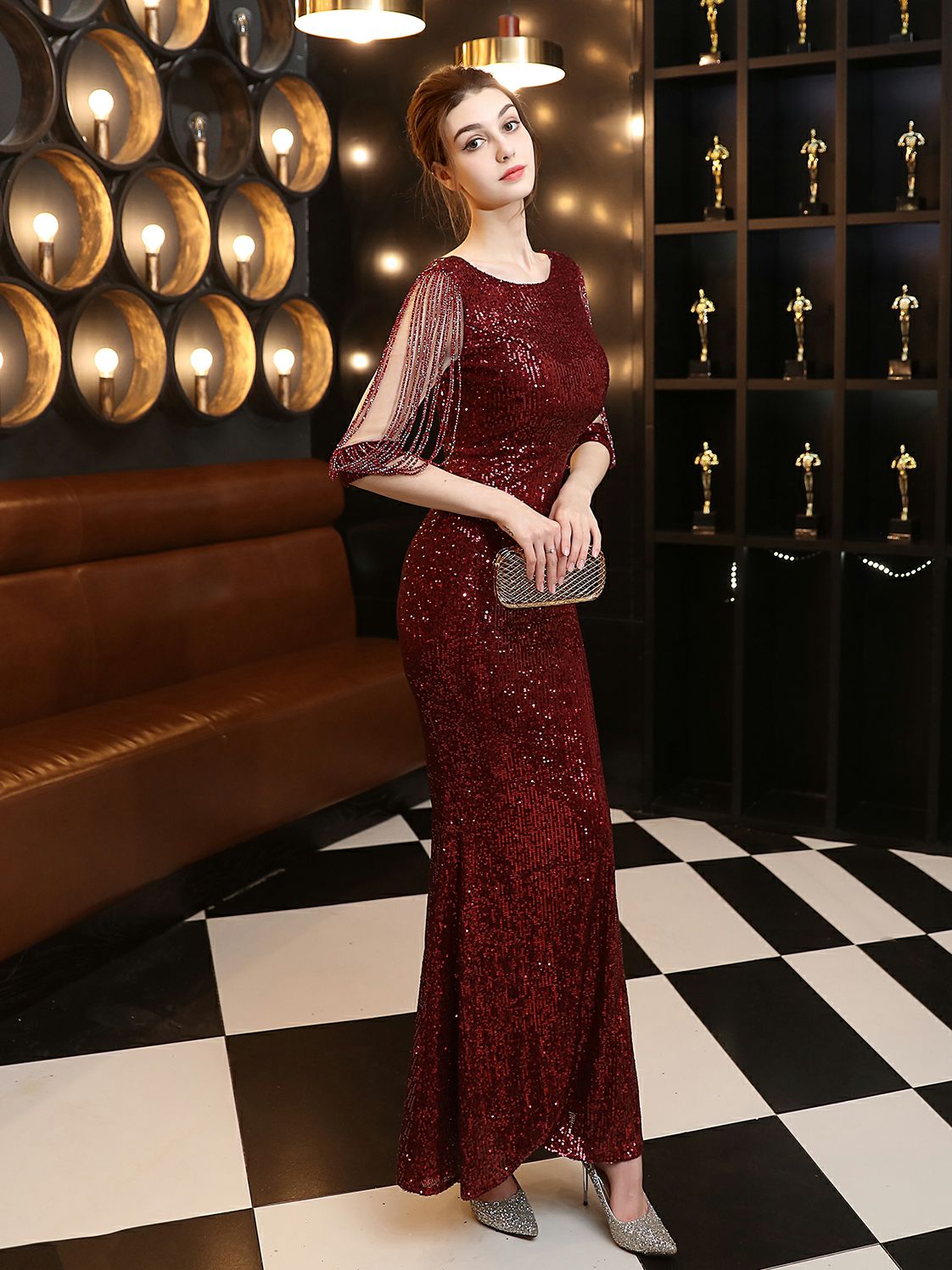 Elegant long sleeved sequin evening dress