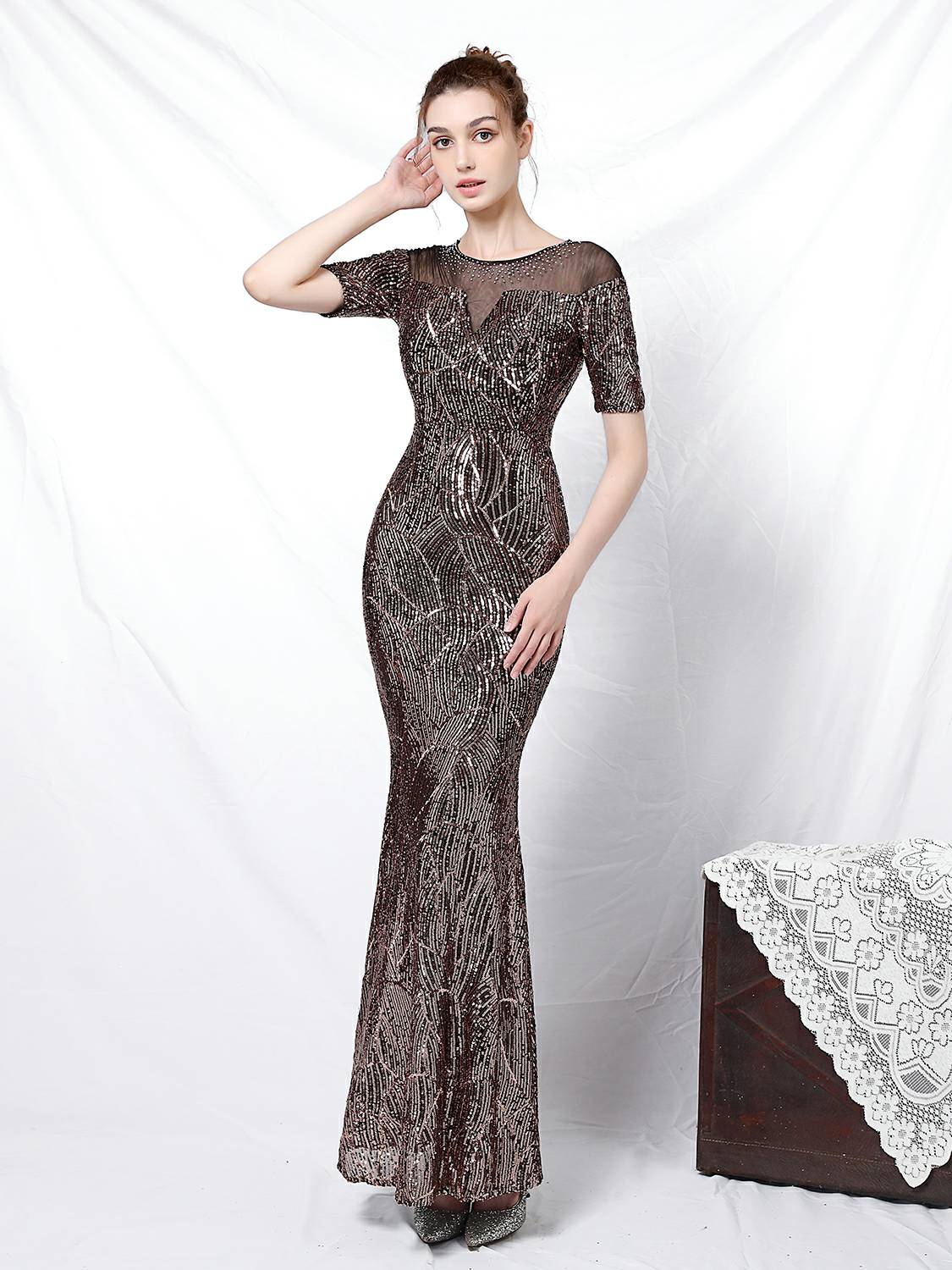 Elegant long mid sleeve evening dress