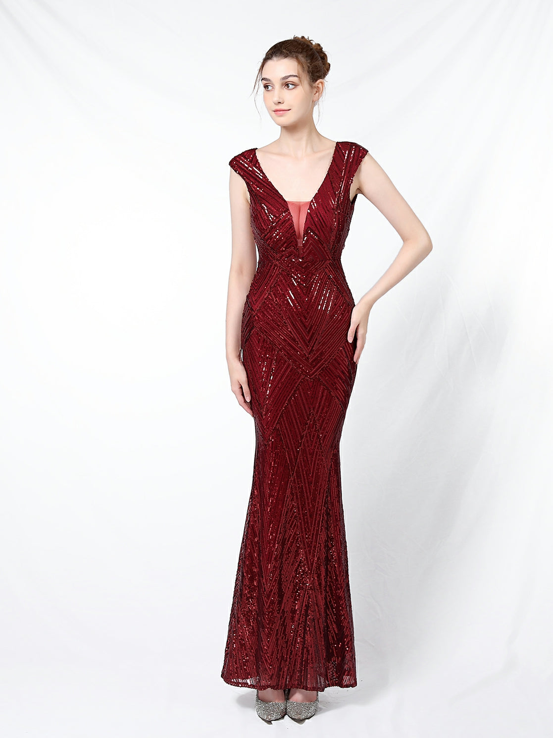 Sequined fishtail long evening dress