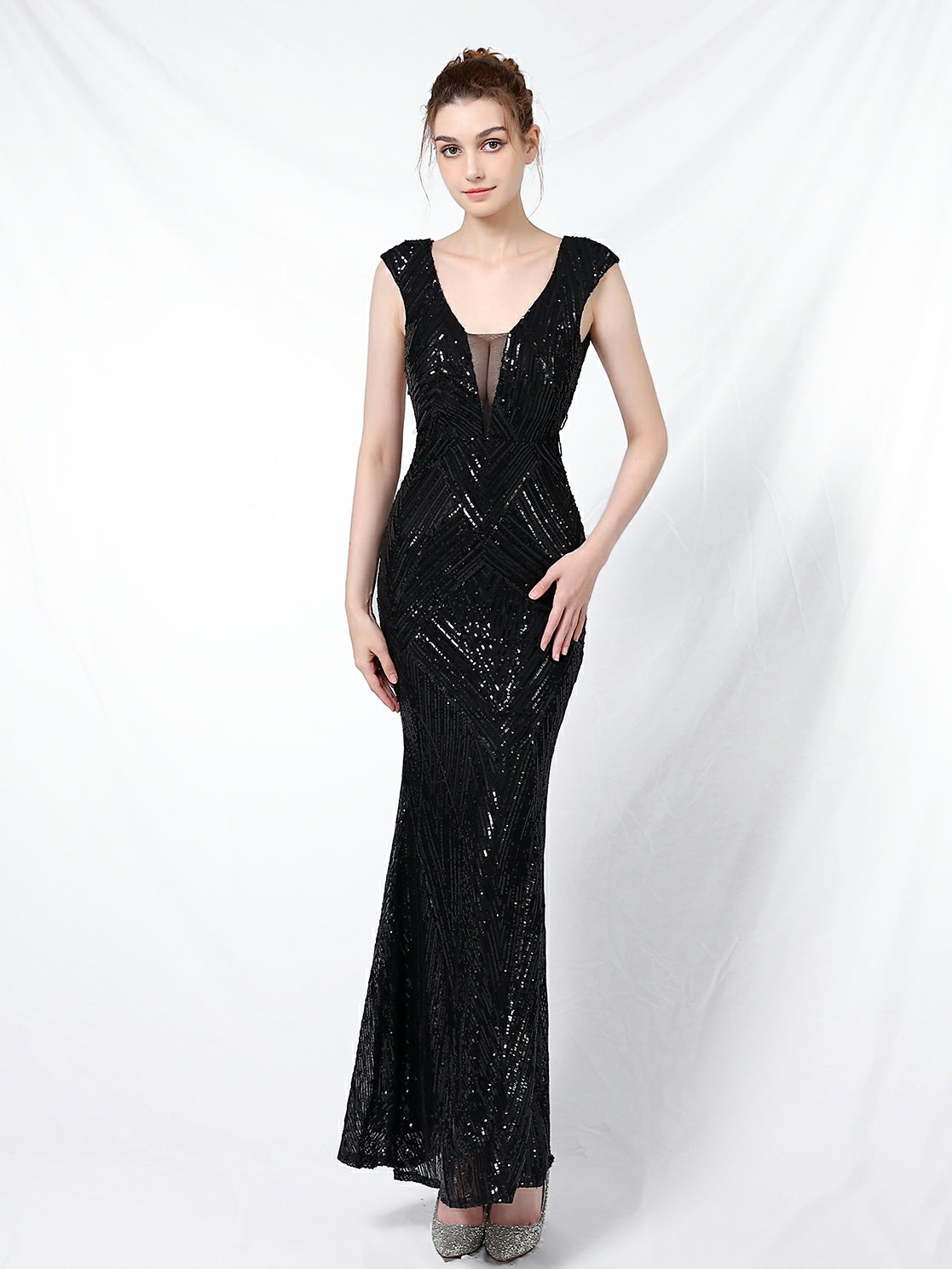 Sequined fishtail long evening dress