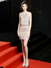 Hanging neck Sequin short evening dress