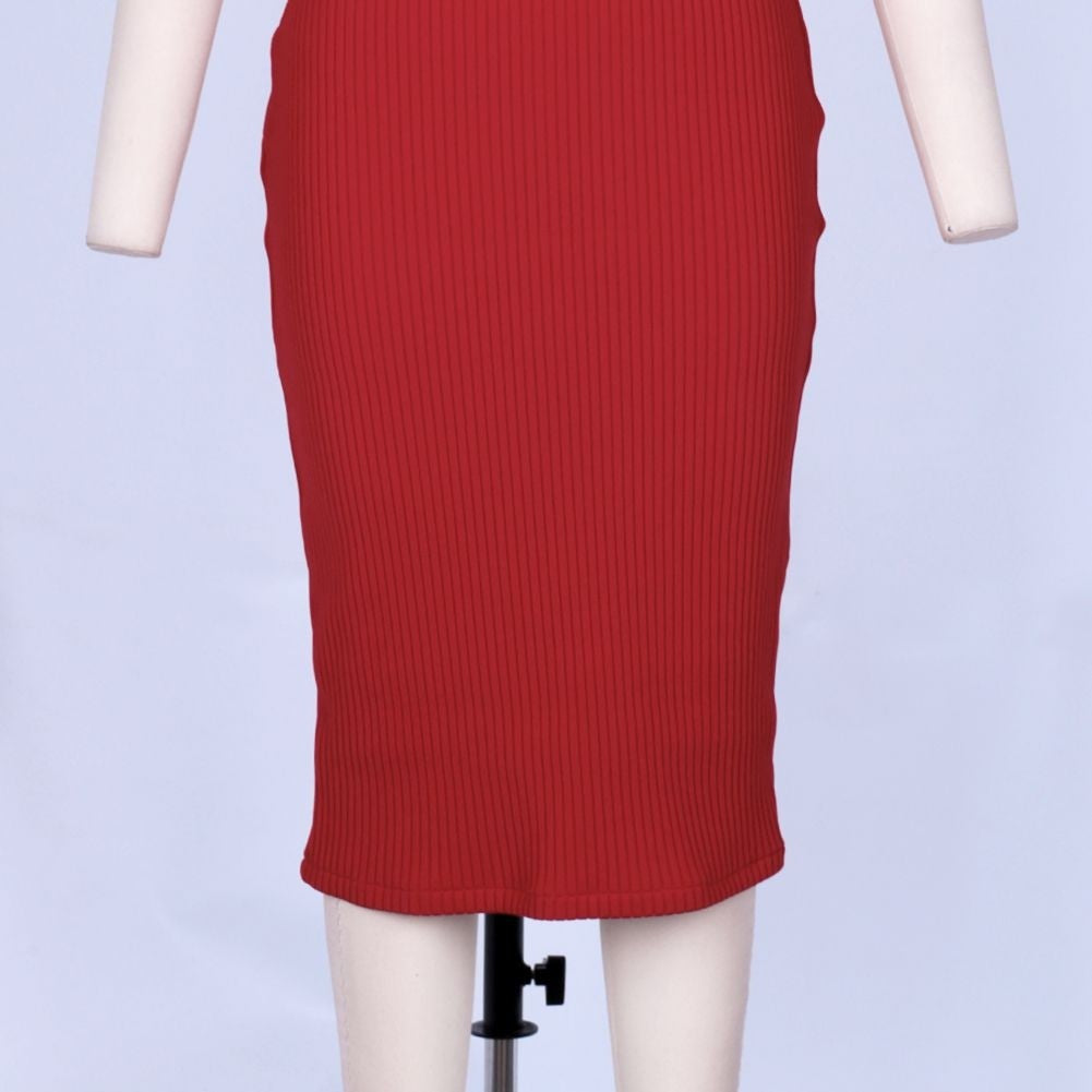 Round Neck Short Sleeve Striped Over Knee Bandage Dress PF19206