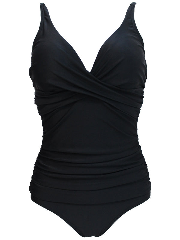 Sexy Solid Color Pleated One-piece Swimsuit