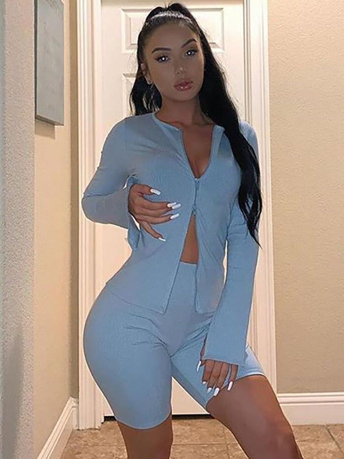 Traje de otoño para mujer, de color liso, con cuello en V y manga larga, con doble cremallera 