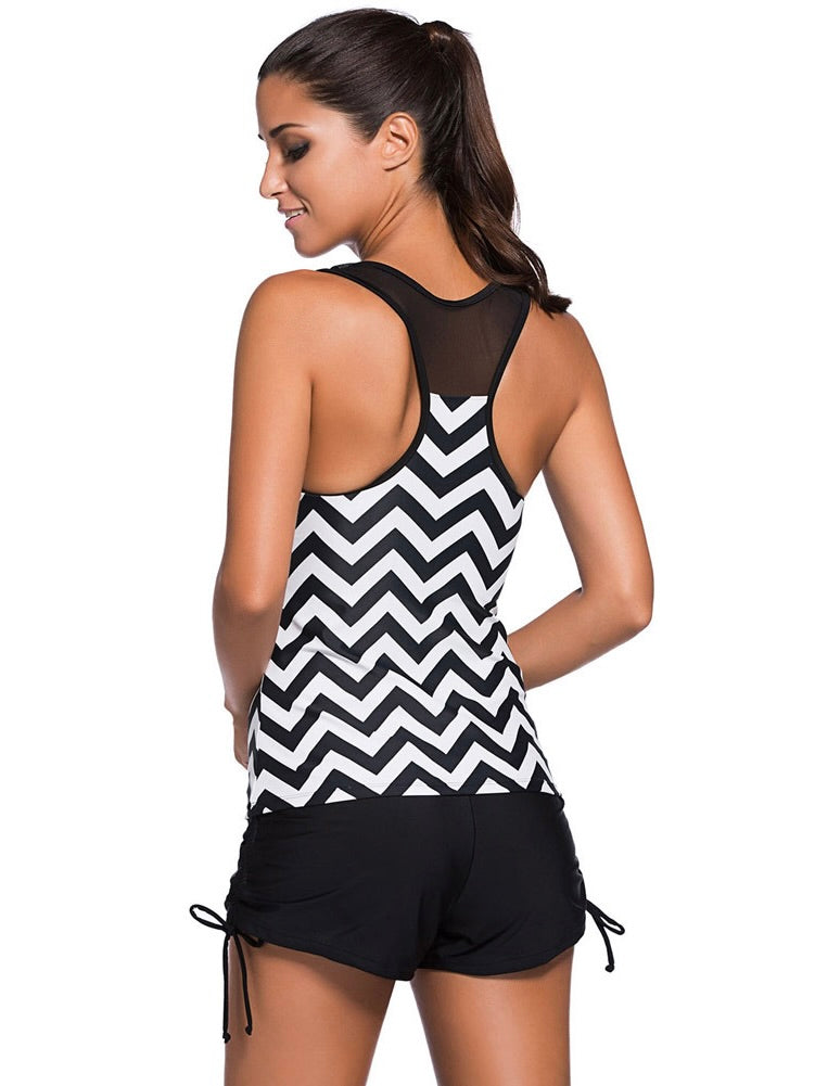 Black And White Patchwork Corrugated Print Swimsuit