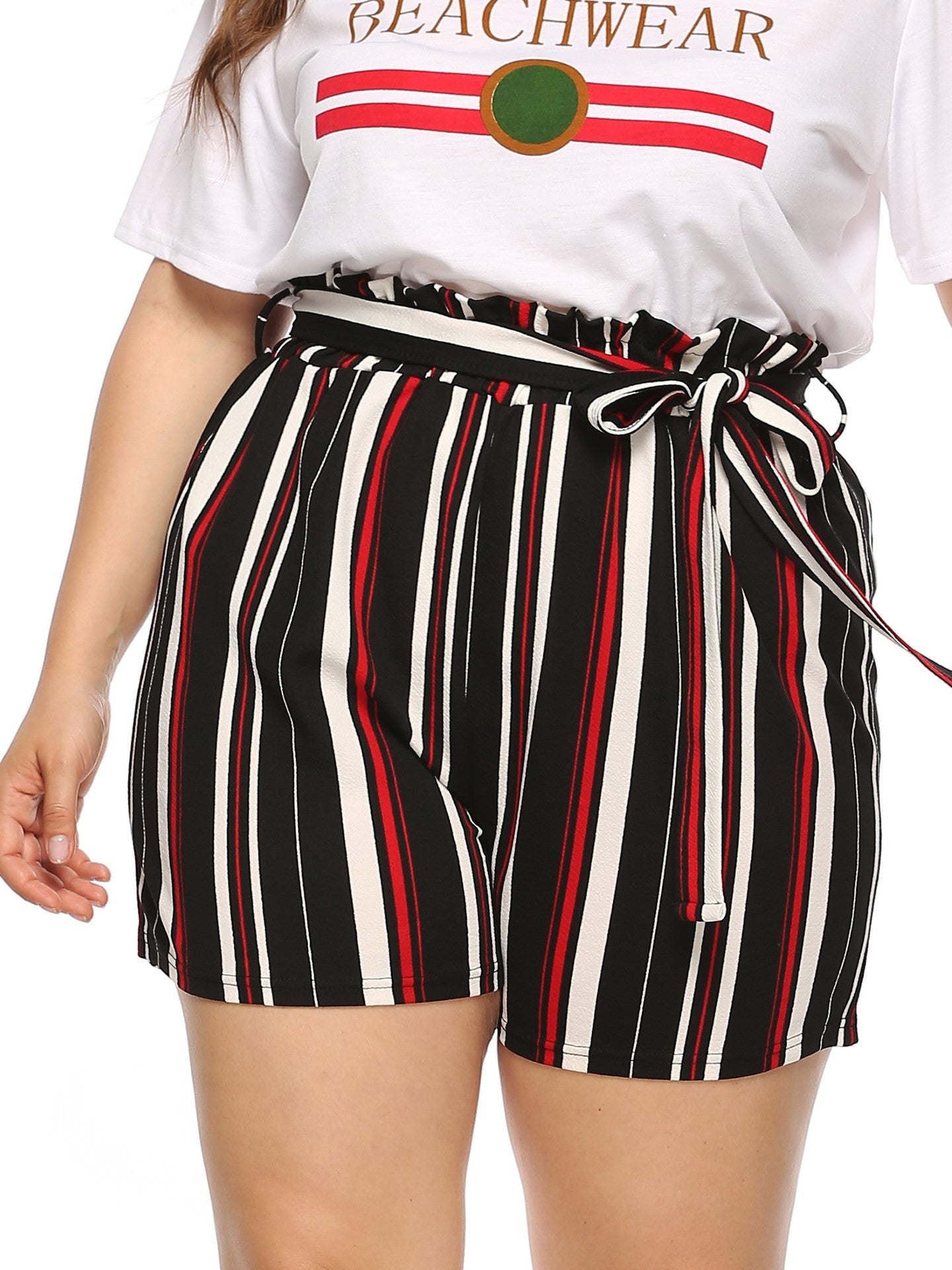 Plus Contrast Stripe Tie Bow Loose Shorts Casual Pants