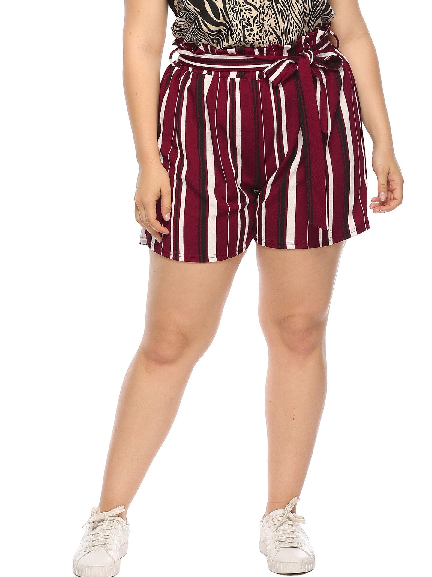 Plus Contrast Stripe Tie Bow Loose Shorts Casual Pants