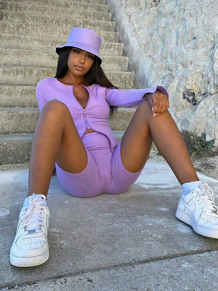 Traje de otoño para mujer, de color liso, con cuello en V y manga larga, con doble cremallera 