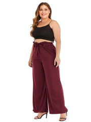 Plus Micro Flare Solid Color Bow Loose Tie Casual Wide Leg Trousers