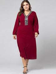 Quality Long-sleeved V-neck Big Swing Dress