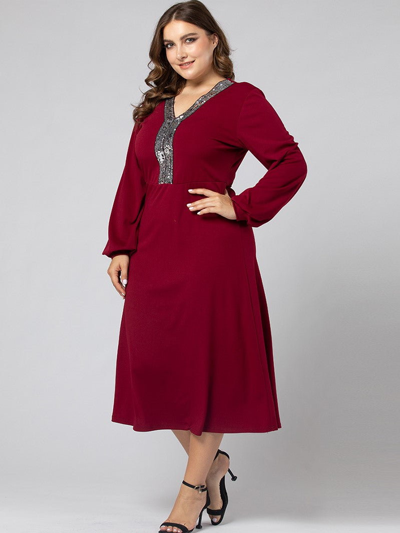 Quality Long-sleeved V-neck Big Swing Dress