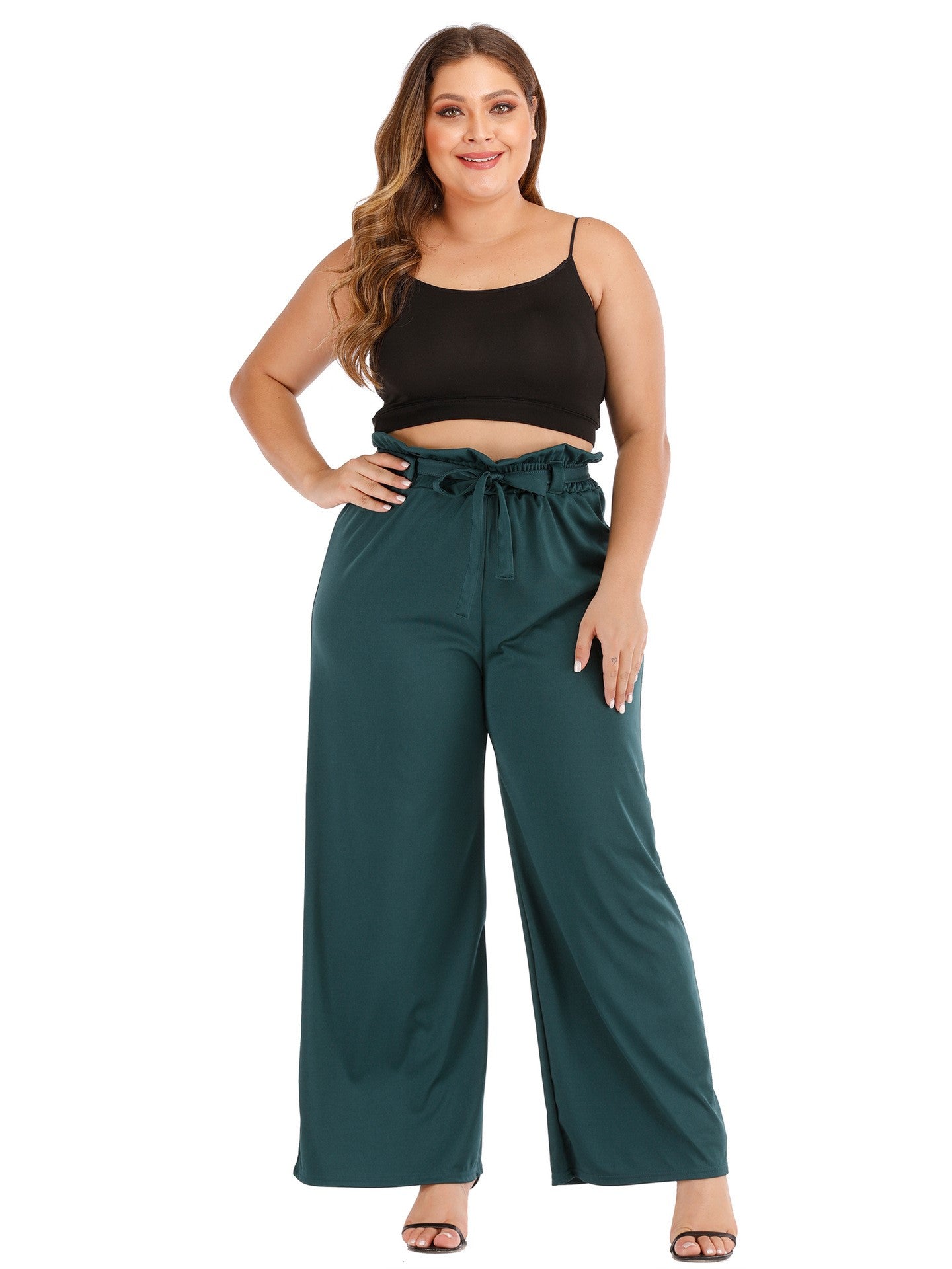 Plus Micro Flare Solid Color Bow Loose Tie Casual Wide Leg Trousers
