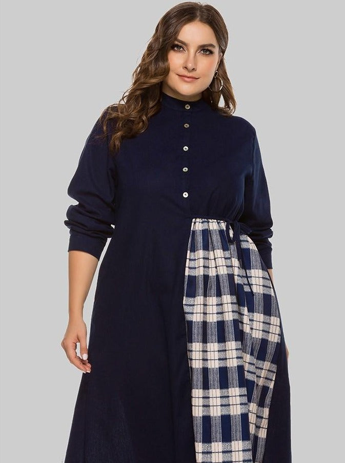 Round Neck Irregular Check Panel Loose Long Sleeve Dress