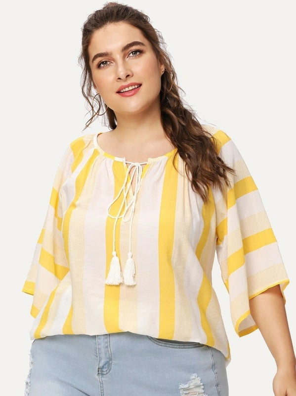 Striped Top Loose Round Neck Fringed Drawstring Shirt