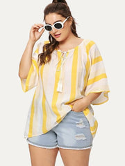 Striped Top Loose Round Neck Fringed Drawstring Shirt