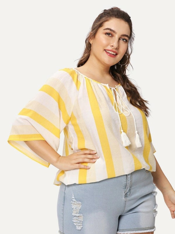 Striped Top Loose Round Neck Fringed Drawstring Shirt